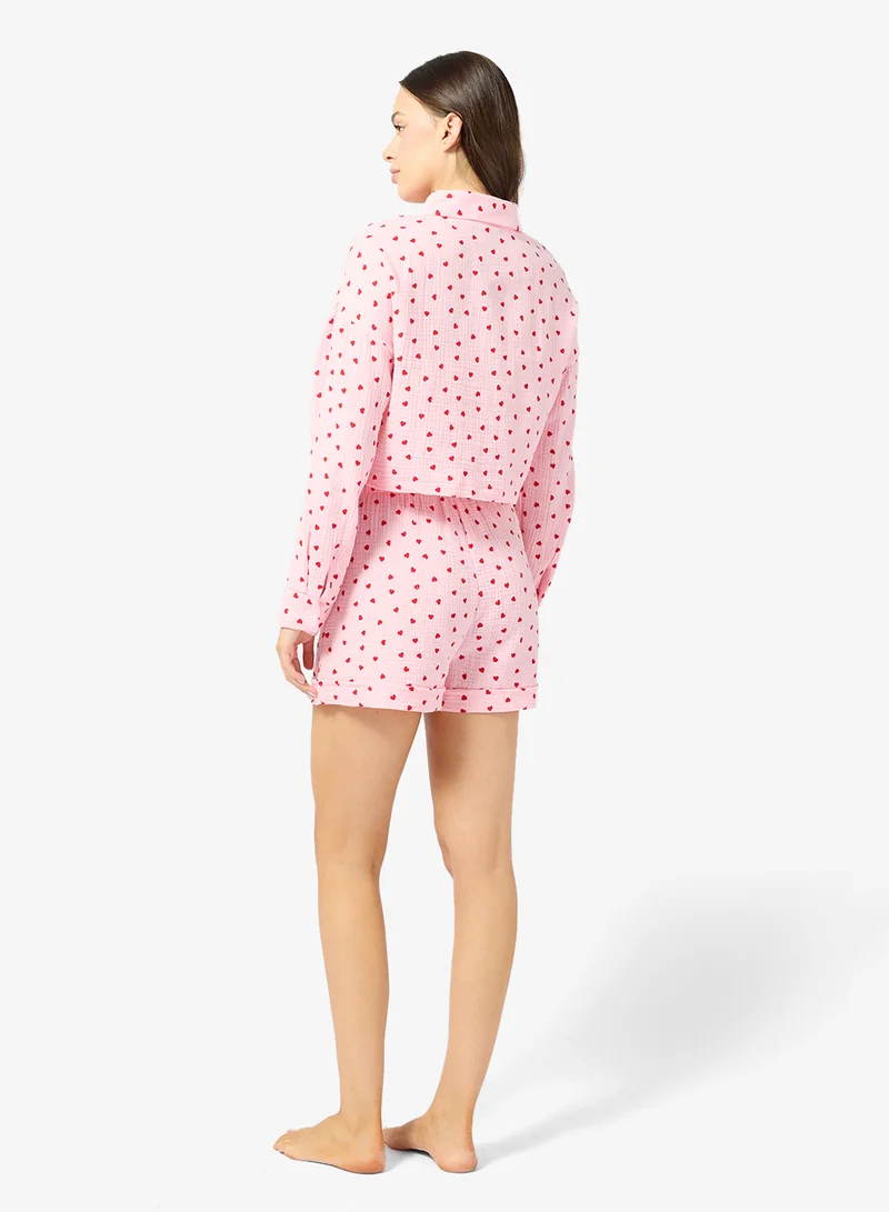 Ginger Heart Print Button Up Shirt & Short PJ Set